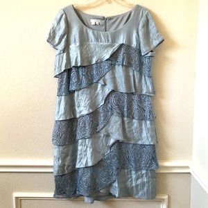 London Times Metallic Blue Lace Trim Ruffle Dress